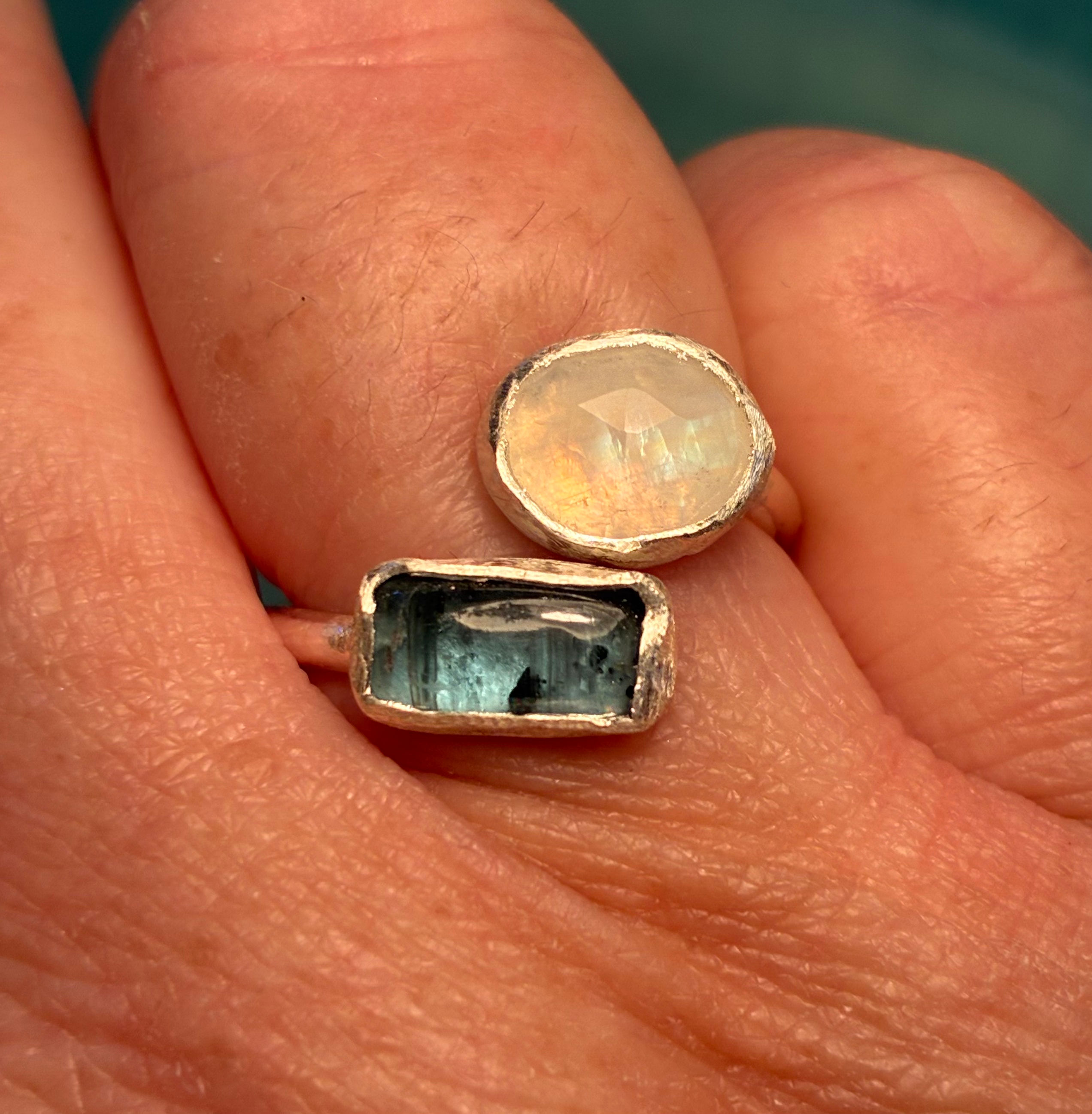 Rainbow moonstone and kyanite wrap ring