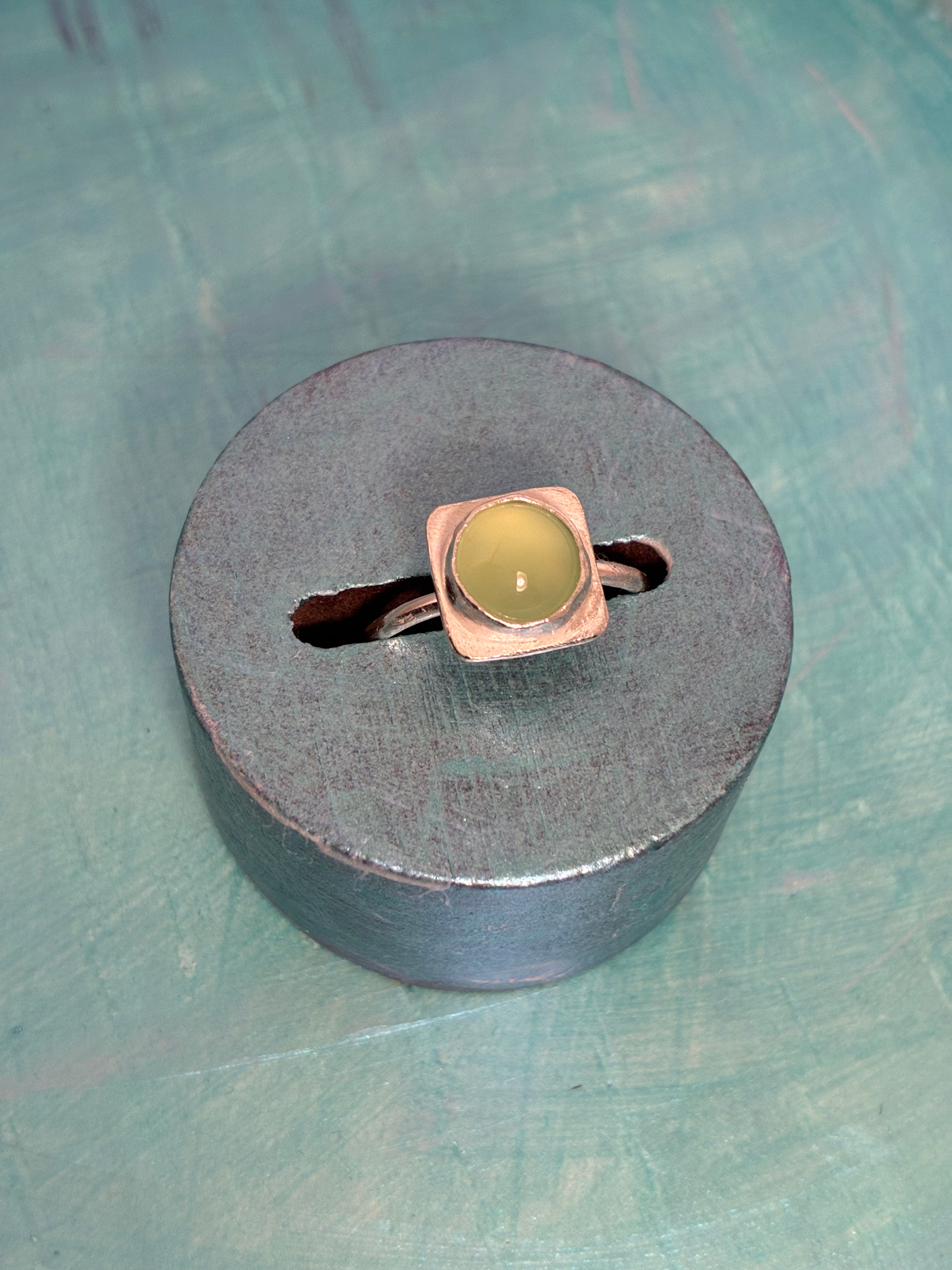 Sterling silver and prehnite square halo design ring