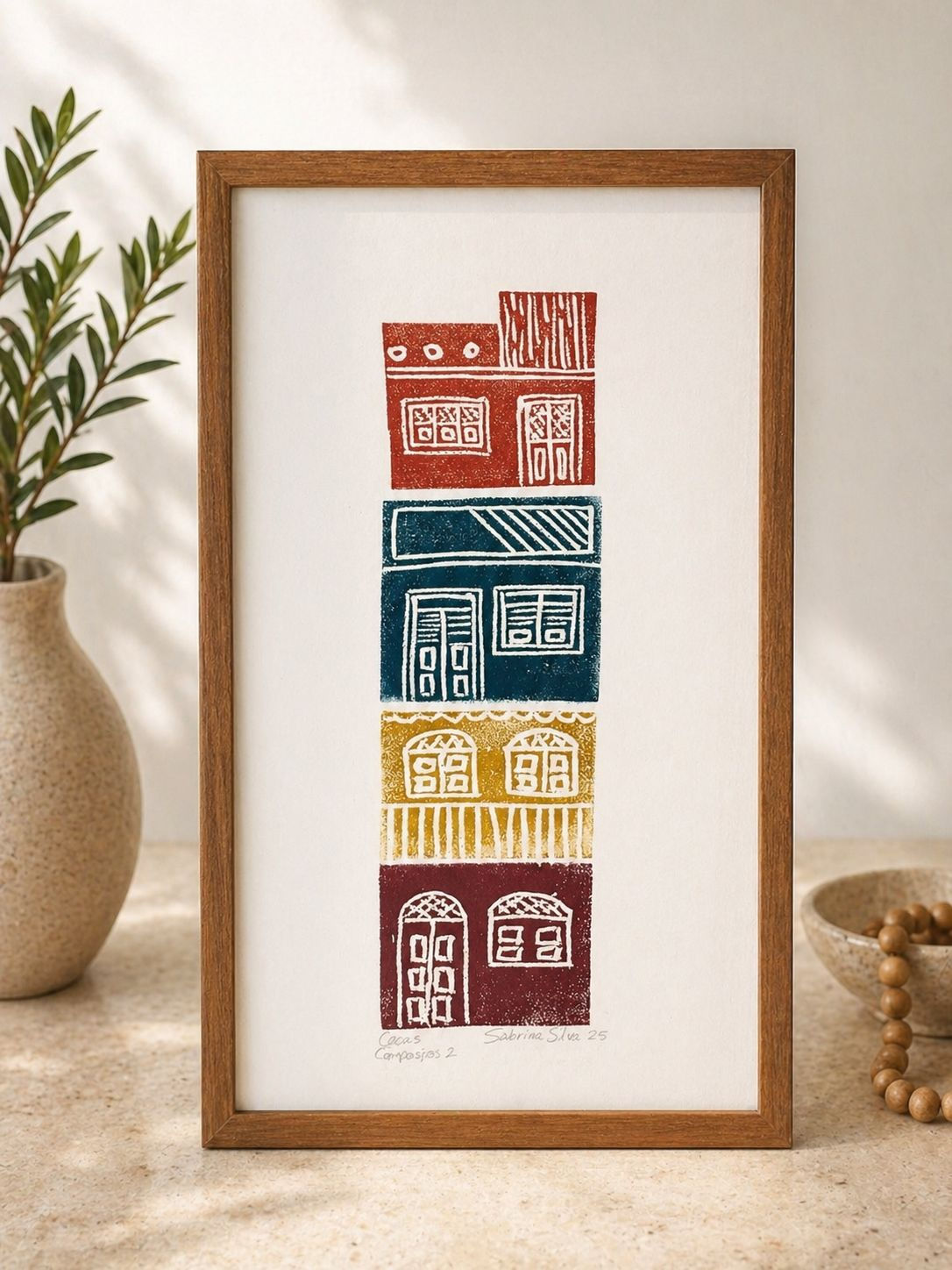 Xilogravura no quadro "Casas Composição II "