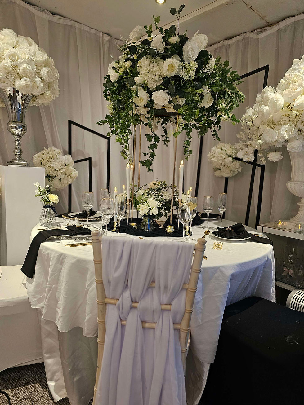 Thumbnail: Luxury xl column centrepiece with candles, vases and fabric puddle