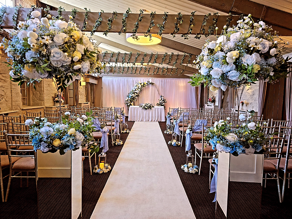 Thumbnail: Aria blue arrangements on columns or metal trumpet vases