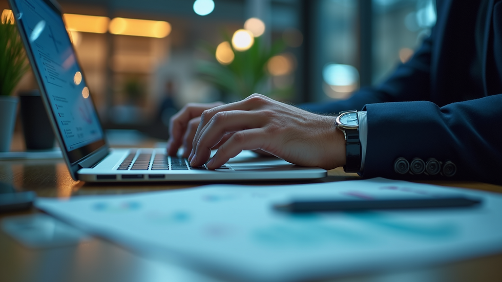 Eye-level view of a business professional analyzing data on a laptop