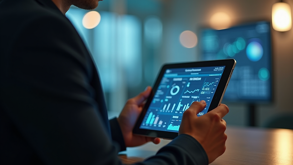 Close-up view of a person using a tablet to analyze data with AI software