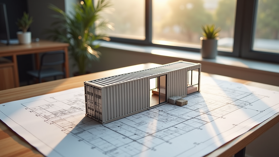 High angle view of a detailed shipping container home floor plan on a table