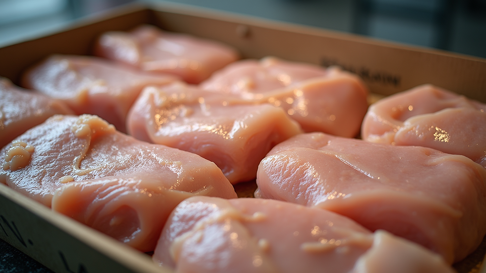 Close-up view of frozen halal chicken cuts in retail packaging