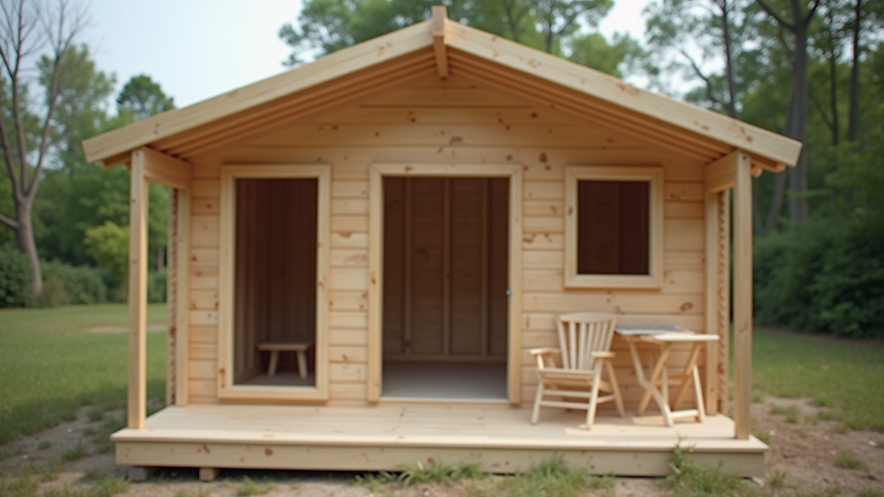Close-up view of a flat-pack cabin being assembled outdoors