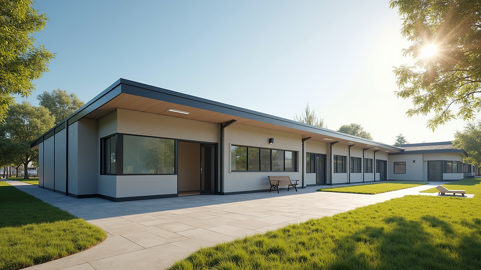 Wide angle view of a completed modular classroom building in a schoolyard