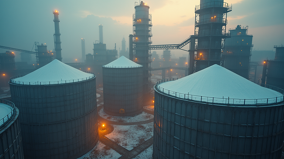 High angle view of industrial sugar crystallization tanks in a refinery