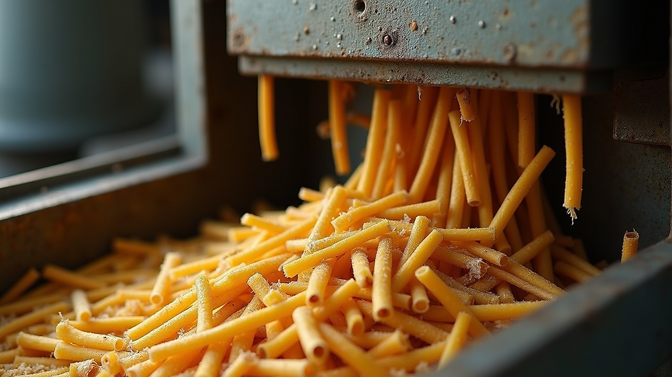 Close-up view of sugar cane stalks being crushed in a mechanical mill