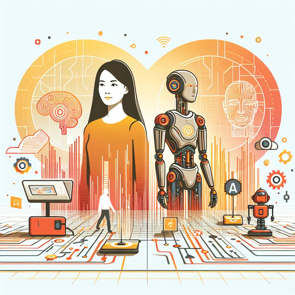 Create a 2D, vector-style, flat corporate image on a plain white background. Display an Asian female human standing on the left side, and a machine or robot on the right. Both entities are significant symbols of the harmonious future of human-AI symbiosis. Surround them with a futuristic setting that suggests innovation and progress. Use warm colors, primarily reds, oranges, and yellows, to transmit a sense of optimism and hope. Scattered around them are tech icons such as gears, microchips, and circuit patterns, representing AI tools. The perspective should be linear, focusing on the entities and surrounding elements.