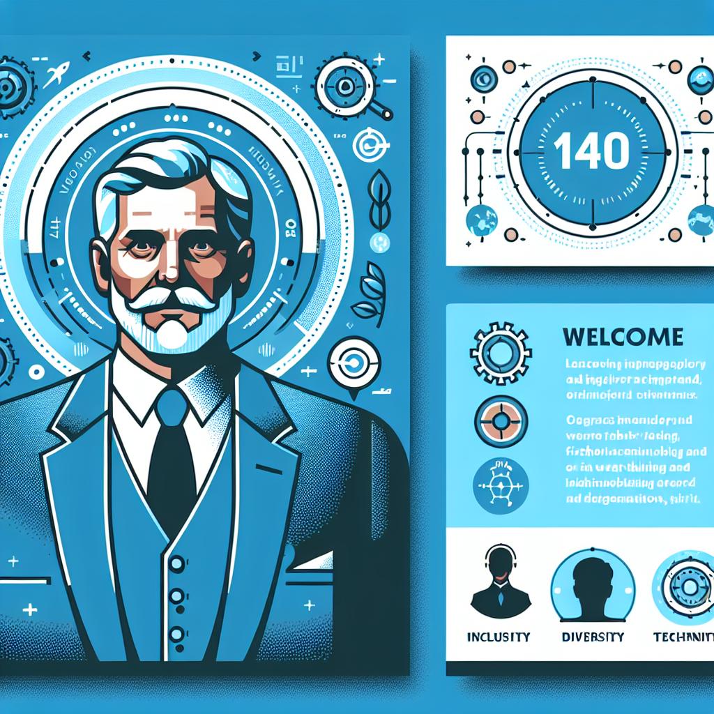 Create a 2D, flat-style, corporate vector illustration of a middle-aged Caucasian man with distinguished features, appearing as a leader. He is set against an azure blue background, symbolizing the forward-thinking and innovative spirit. Include large title text emphasizing his leadership role. Surround him with graphical elements that reflect technology and innovation. Incorporate symbols of inclusivity and diversity to reinforce the welcome message. Make sure to mark the celebratory date, indicating 140 years of the organization's contribution to technology and engineering.