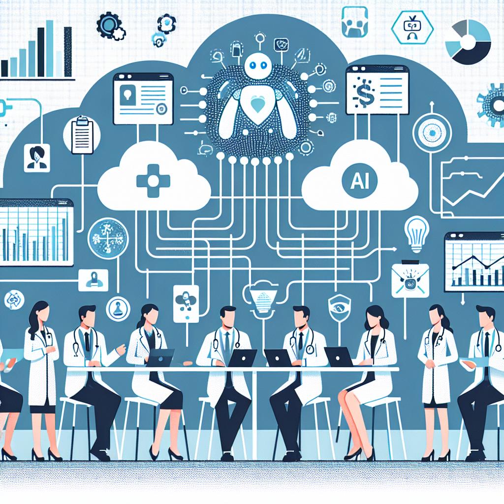 Illustrate a vector, flat, and corporate style image set in a 2D, linear perspective. The scene should depict a mix of healthcare professionals and technology experts. These individuals, varying in gender and descent such as Caucasian, Hispanic, Black, Middle-Eastern, and South Asian, should be shown working together, emphasizing their collaboration to enhance patient experiences. Surround them with cloud data symbolizing the collection and analysis of large volumes of data, and financial charts depicting ROI analysis for technology investments. The backdrop should be white and textureless, with accents of blue to suggest the union of technology and innovation. This picture captures the interconnectedness of AI and the life sciences industry.
