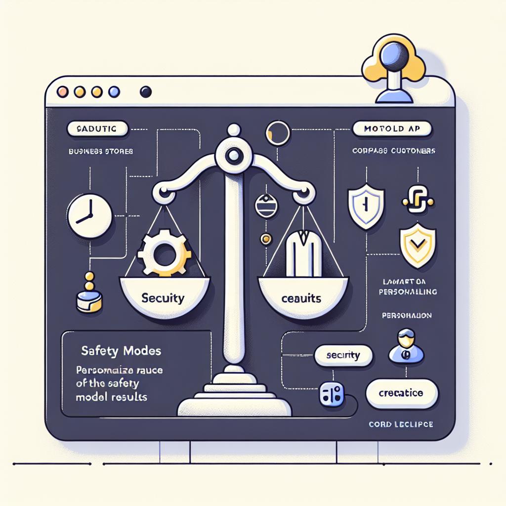 Create a 2D, linear, corporate style vector image on a plain white background. The core scene should depict Cohere's new 'Safety Modes' UI which is a part of their Chat API, enabling business customers to personalize the safety of the model results, striking a balance between security and creativity. The interface ought to include a gear icon signifying setting adjustments and personalization, a snippet of Python code to demonstrate practical use of the Safety Modes, and a balance scale symbolizing the equilibrium between security and creativity.
