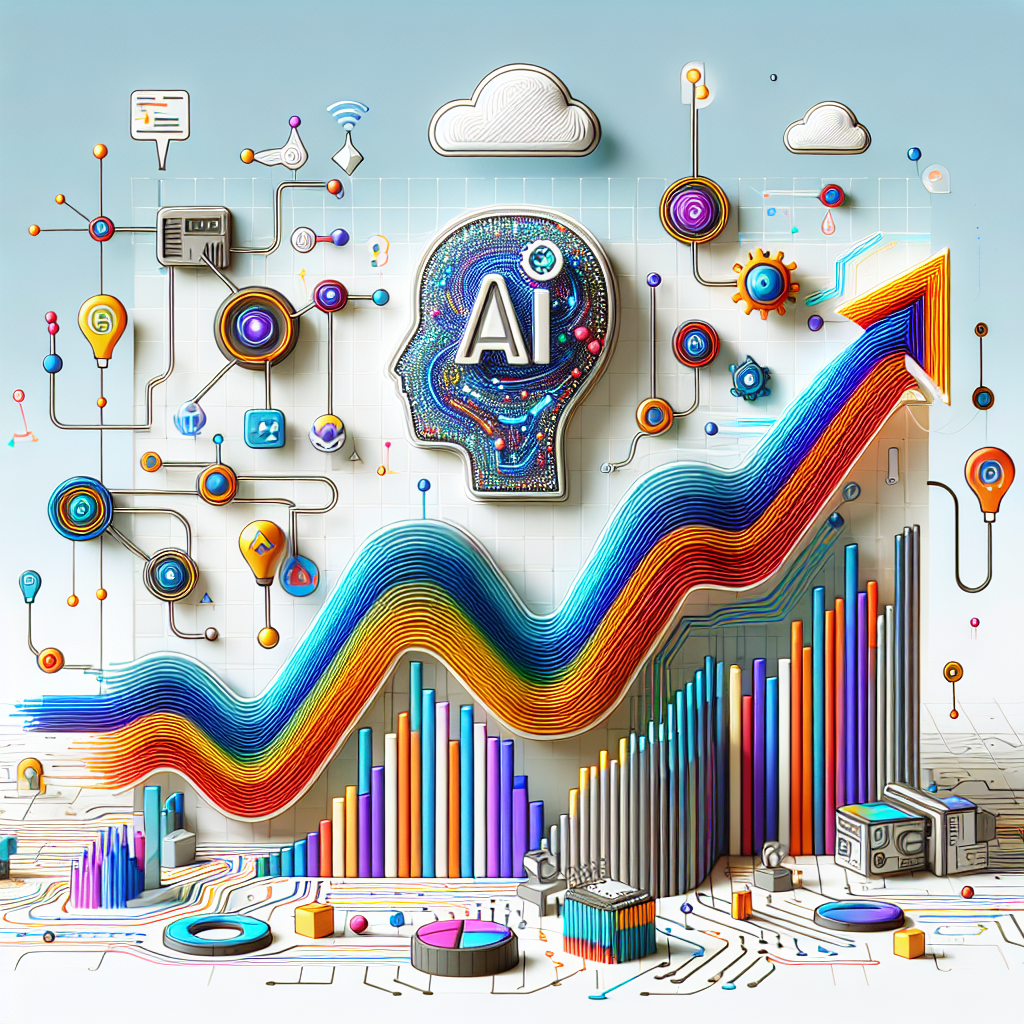 Create a 2D, flat vector-style image with an untextured white background. The main visual is an ascending graph symbolizing the advancement and evolution of AI technology. There are visual elements of technology like electronic circuits scattered around the graph to represent innovation. Include vibrant colors to attract attention and convey a sense of innovation. AI icons are also present in the scene to emphasize the focus on artificial intelligence. There is a representation of a generic AI platform logo in the composition, for identification of the platform. Additionally, include elements that symbolize innovation and accessibility.