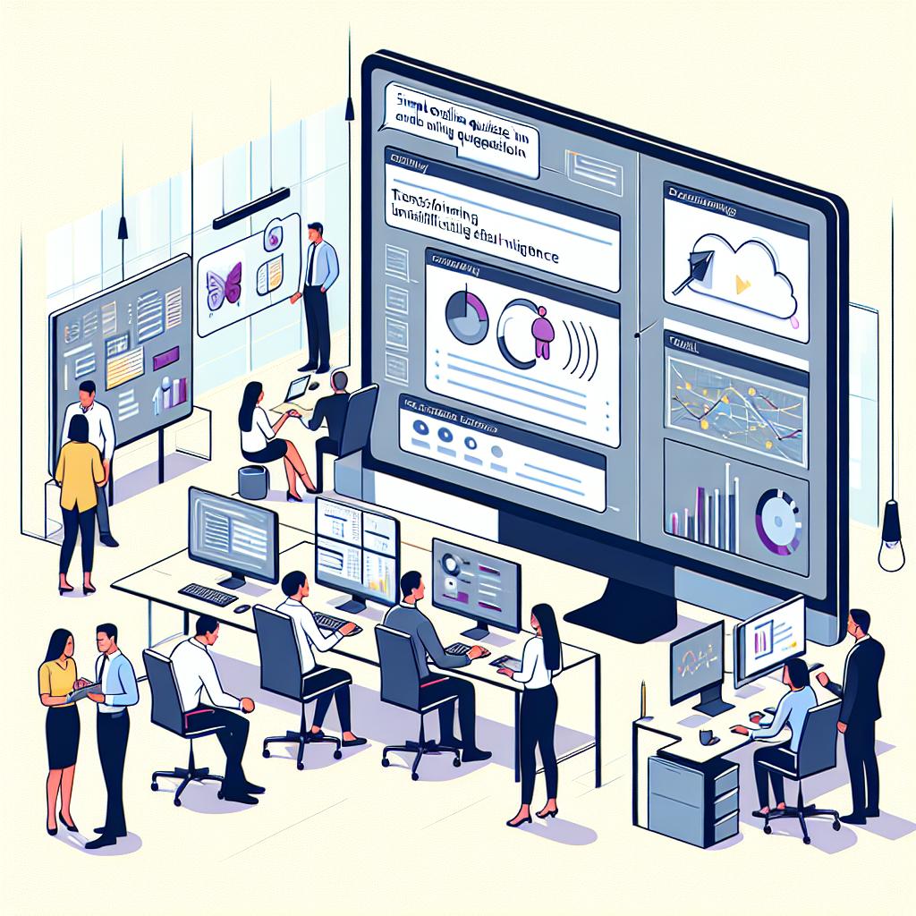 Illustrate a 2D, linear perspective image in a flat, corporate vector art form. The setting is a modern office environment with cutting-edge desktop computers and data visualization displayed on screens. Caucasian and Middle Eastern individuals collaborating in the background, emphasizing a teamwork-oriented atmosphere. Central to the image is a computer screen showing an application user interface transforming simple English queries into SQL, demonstrating the power and feasibility of linguistic artificial intelligence. The background should be clean, with a plain white and textureless design. Technology, such as charts or tables, should be highlighted.