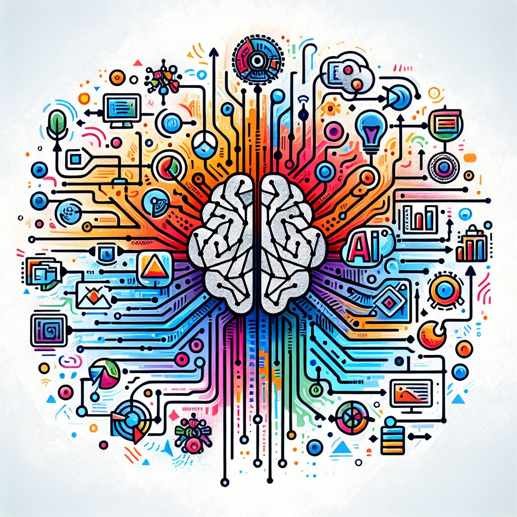 Create a 2D, linear, and simplistic vector illustration on a white, untextured background, symbolizing the influence of vast data streams on Artificial Intelligence. Pictorially represent vibrant data flows converging into a central entity that signifies AI. At the bottom of the artwork, incorporate diverse data source icons, assuring to visually represent data from variant platforms such as a video platform, social media, and a web-based encyclopedia. The paths of the data flows should be outlined with arrows connecting the different sources to the central AI model. Lastly, use vivid colors to imply the diversity of information and complexity of the digital world, as well as an abstract background to hint at technology and connectivity.