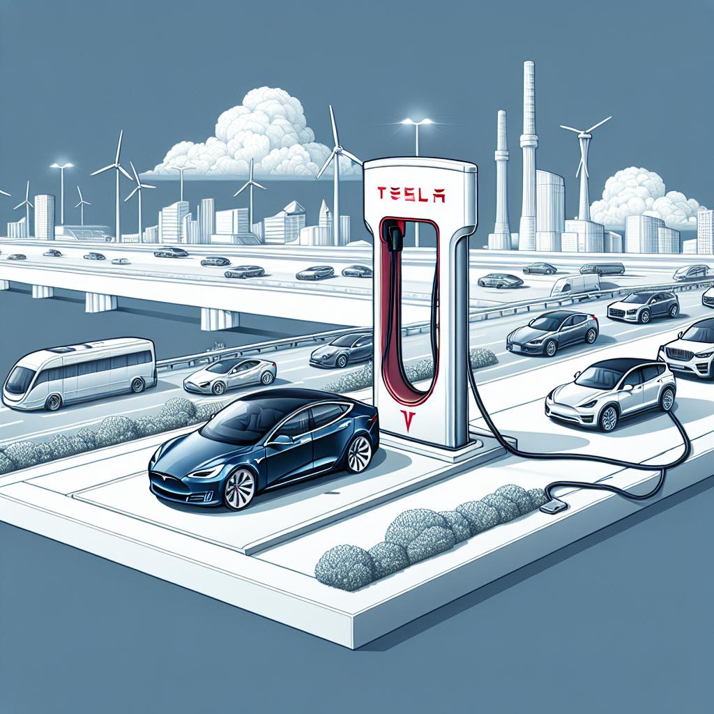 Visualize a vivid and detailed image that represents the transition in the automobile industry towards the increased use of Tesla's charging network, captured in a flat, corporate and vectorial style. The image should be rendered from a 2D linear perspective. With a texture-less white background, place a Tesla charger symbolizing the new charging infrastructure on a modern highway. Surround this charger with electric vehicles from different brands to highlight the market's diversity. Select a modern setting to underscore innovation and technological progression.