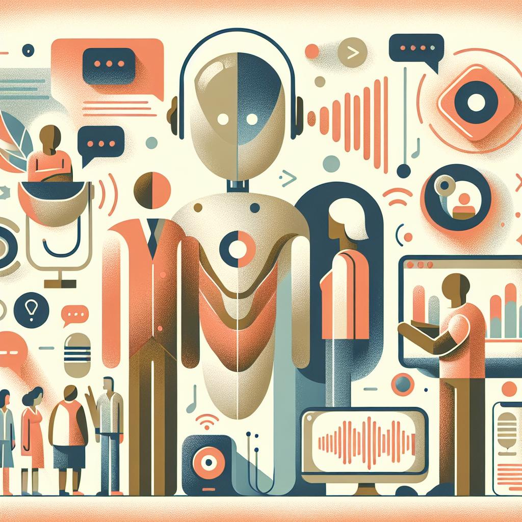 Illustrate in a corporate flat and vectorial style an interaction between diverse human figures of different ages and AI assistants, using voice technology. Elements to be added: subtle shadows to indicate depth and the interaction between technology and the user, warm colors to convey a feeling of welcome and empathy, and user interface elements representing technology's integration into daily life. Sound waves should also be included to symbolize communication and the fluidity of conversations, all set on a white, textureless background. This artwork should convey the concept of how advanced voice technology is humanizing conversational AI, thus enabling more natural and personalized interactions in various sectors.