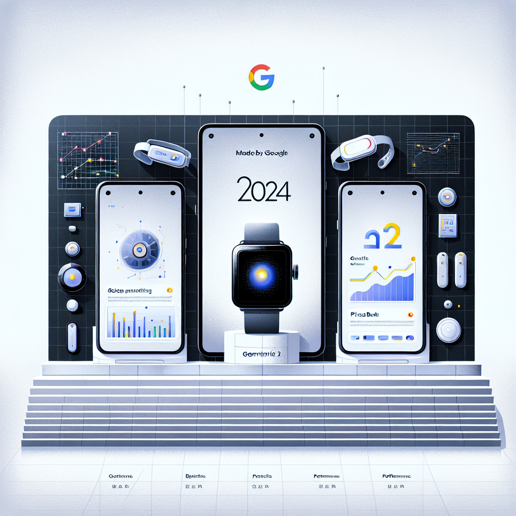 Envision the 'Made by Google 2024' event with the unveiling of new Pixel devices: the Pixel 9, Pixel Watch 3, and Pixel Buds Pro 2. All of these innovative devices are driven by artificial intelligence and promise to enhance user experience in various day-to-day tasks. Craft a flat, corporate-style, vectorial image set against a white, texture-less background. The Pixel 9 should be highlighted, its screen displaying the Gemini assistant interface. The Pixel Watch 3 is showcasing its sleep monitoring function, and the Pixel Buds Pro 2 are posed to emphasize their noise canceling feature. Additional elements to include are a digital backdrop to represent advanced technology, AI icons symbolizing the new AI features, and performance graphs to highlight the efficiency of the new chips.