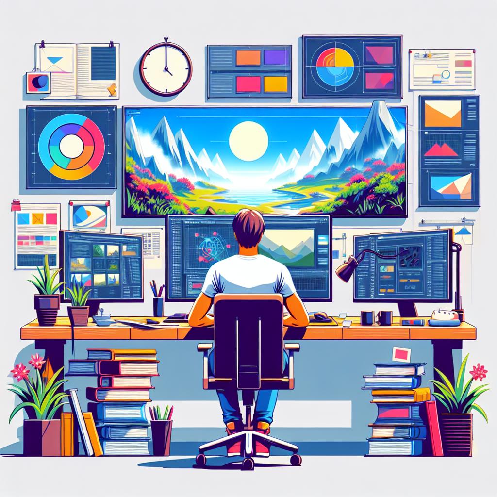 An image in a 2D, linear perspective and designed in a vectorial, flat and corporate style. Picture a game developer, who could be anyone, working in a modern setup. Around him are multiple monitors showcasing open-world designs and user interfaces from a video game he's working on. His workspace is set against a plain white, textureless background yet vibrantly cluttered with development tools. On the table are game design books representing innovation and continuous learning. Adding a soft touch to the corporate environment are decorative plants, signifying a creative ambiance.