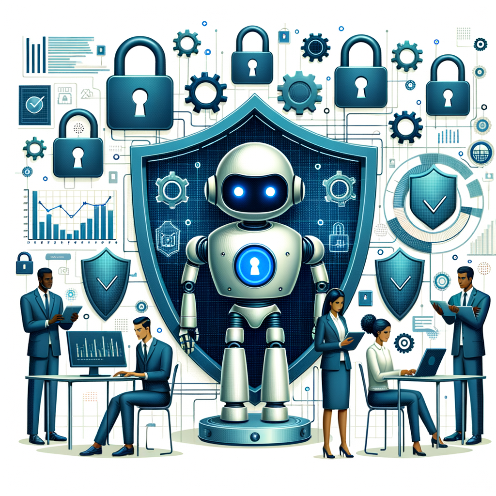 Create a 2D corporate-style, vector image on a textured-free, white background. The primary illustration is of an AI robot encompassed by padlocks and shields, symbolizing data security and protection. In the background, there are data graphs, indicative of risk and security analysis. There is also a diverse group of security professionals, with a Black male, a Hispanic female, a Middle-Eastern male, and a Caucasian female, who are busily analyzing and monitoring the security. A large monitoring screen that signifies continuous vigilance and technology is also present in this setting.