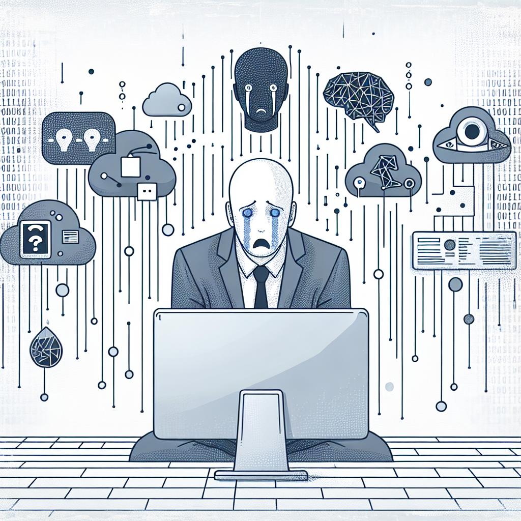 Create a flat, corporate-style and vector-based 2D image from a linear perspective. The scene takes place against a clean, white, and textureless background. A symbolically distressed computer user, of any gender or descent, is at the center of the scene, representing the uncertainty and apprehension of users regarding the use of their data. Elements of the scene surrounding the user should include floating icons of Artificial Intelligence, representing its increasing presence in platforms, and the impact it has on content creation. In addition, a network of connections should be visible, symbolizing the interconnectedness between the users and the platform. Lastly, include binary codes, indicating the complexity and technical aspects behind these policy changes.