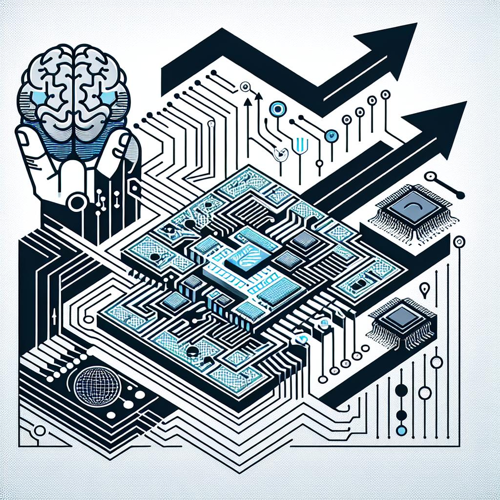 Craft an image for the Semiconductor Report 2025 cover, outlined in a modern, corporate, and flat vector style. The composition should be a two-dimensional, linear perspective against a white, untextured background. To embody the semiconductor industry's connection with artificial intelligence and the global economy along with innovation and geopolitical challenges, integrate the following elements: electronic components, symbolizing the semiconductor industry; a stylized human brain, representing artificial intelligence; a world globe, illustrating the global nature of the industry and geopolitical challenges; and growth arrows, indicating the optimistic trajectory projected for 2025.