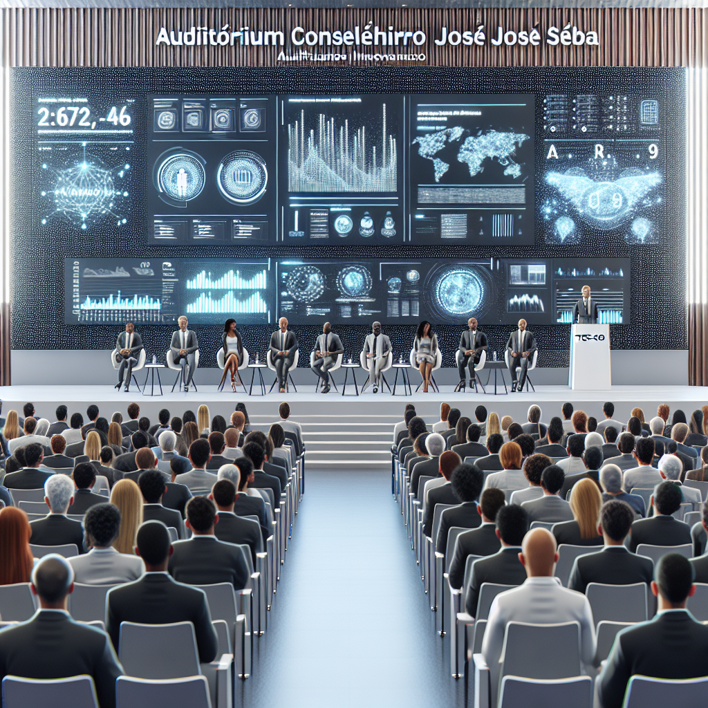 Render a 2D, flat, linear, corporate style image on a white, textureless background. The setting is a modern auditorium named 'Auditorium Conselheiro José Sebba'. The audience, comprising of both men and women of diverse descents such as Caucasian, African, Asian and Hispanic, attentively observing the stage is visible. Speakers of different genders and descents are talking on stage, equipped with microphones and engaging in a discussion about artificial intelligence and public policies. Digital panels showcasing technology innovation are present, displaying various charts and data related to public policies. Include the logo of TCE-GO, standing as the organizing institution of the event.