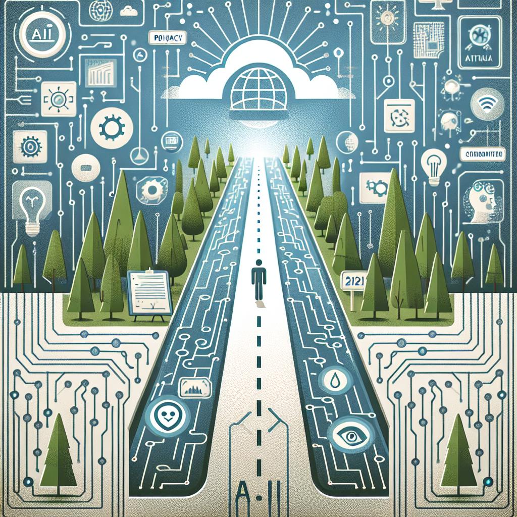 Create a 2D, flat, corporate-style digital illustration. The central theme is the challenges faced by artificial intelligence in 2025, which include privacy issues, increasing greenhouse gas emissions, and a rising global competition for semiconductors. Depict an uncertain path surrounded by advanced technological elements like circuits and AI icons on a futuristically styled backdrop. This path is flanked by trees, symbolizing the need to balance technology and nature. All the elements are set against a plain white, texture-less background.