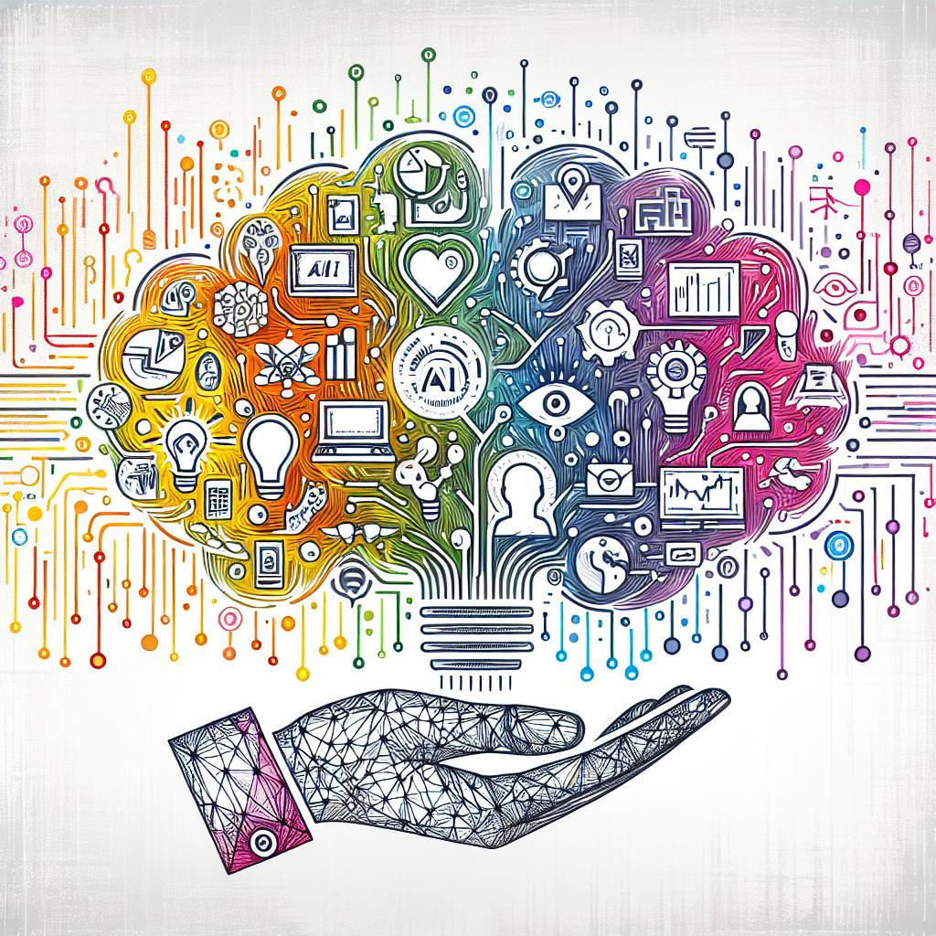 Create a 2D, vector-style, corporate-themed image drawn using linearity on a white, textureless background, symbolizing the future trends of AI and its projected economic and social effects until 2025. The central theme should feature vibrant colors illustrating innovation and creativity, and include icons that symbolize the impact of AI on fields like health, education, technology, and social well-being communicated as a network of connections between different impact areas. Moreover, add a touch of modernism and a technological feel by incorporating a gradient background.