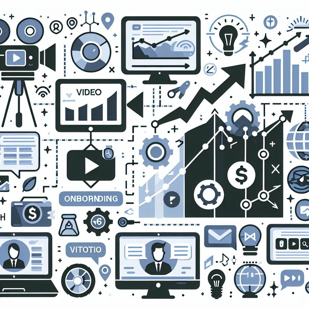 Create a flat, corporate, vector-style 2D image with a white, textureless background. This image is a visual montage of various types of video marketing. The montage should highlight explainer videos, social media videos, onboarding videos, and testimonial videos. Make sure to include relevant icons for each type of video. Additional elements should include a video camera icon representing video production, a rising graph icon symbolizing conversion rate growth, a social network icon illustrating connection with audiences on social platforms, testimonial icons representing credibility and trust, and a computer icon symbolizing the technology and software used in video production.
