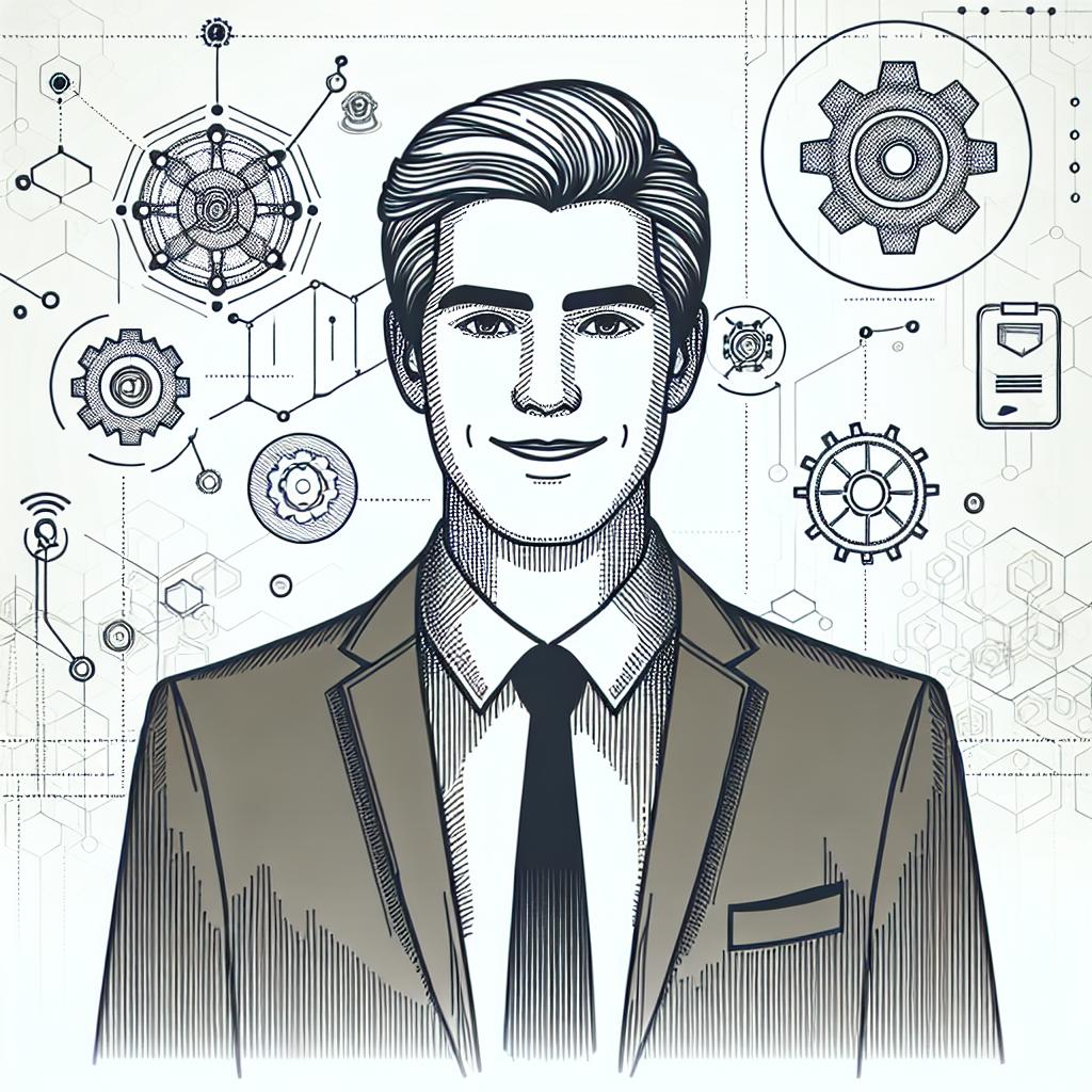 Create a 2D, linear vector style image of an unknown male engineer, featuring a warm smile and adorned in a formal outfit of a shirt and blazer, symbolizing formality and professionalism in the field of science. This person should be in an office environment filled with innovative technological elements highlighting the realm of engineering. The background should be white and textureless, adding a corporate feel to the image.