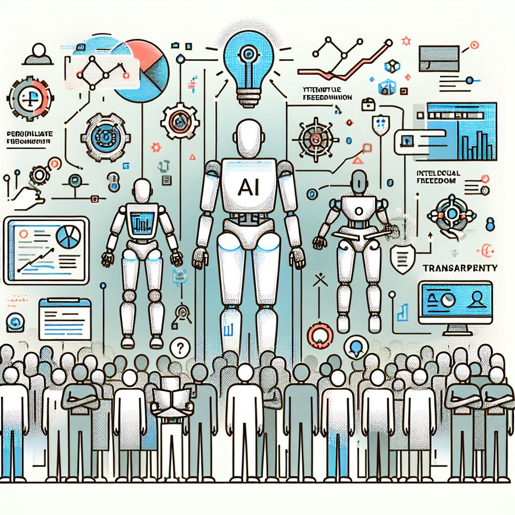 Illustrate the future of Artificial Intelligence (AI) as conceptualized by OpenAI' significant Model Spec upgrade on February 12, 2025. In this vision, AI is committed to personalization, transparency, and intellectual freedom while implementing safety measures to mitigate potential risks. Picture this in a 2D, linear vector-style representation on a smooth, untextured white background. The image should include robots symbolizing AI and humans of varying descents and genders symbolizing collaboration and interaction with AI. Also incorporate a technologically advanced and innovative background, implying a futuristic outlook. Lastly, include transparency icons to emphasize the significance of transparency in using AI.