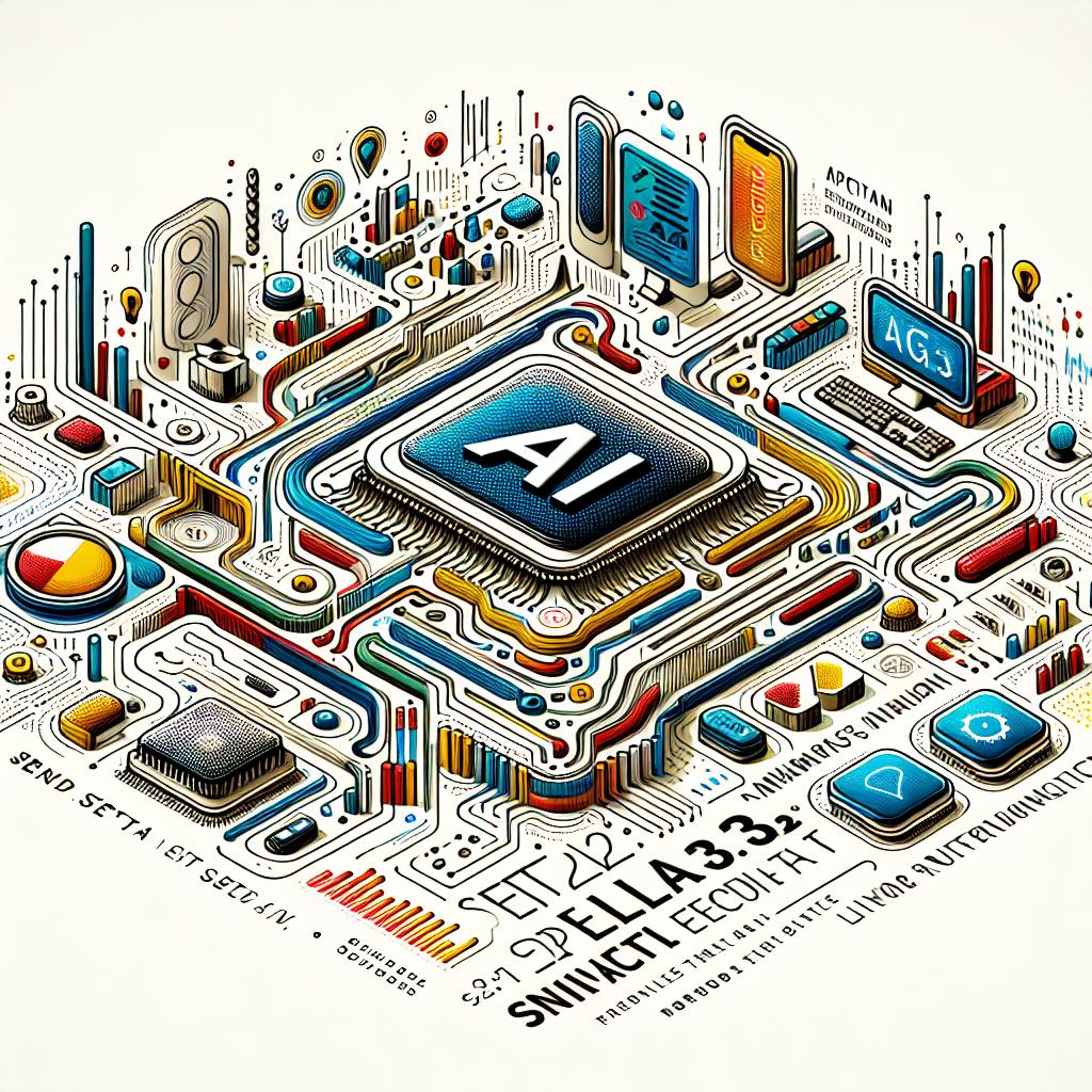Create a 2D, linear vector image that represents the September 25, 2024, launch of a significant AI update 'Llama 3.2' by a leading tech company. The image is corporate-style with a clean, textureless white background. The composition illuminates the advanced capabilities of AI models by combining elements such as computer chips denoting technology and innovation, performance graphics symbolizing the efficiency of the models, and app icons representing the versatility of usage. Incorporate vibrant colors to capture attention and highlight the technology's modernity.