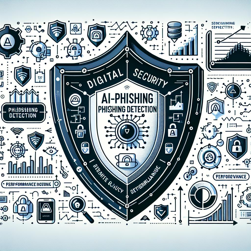 Create a 2D, linear perspective image in a vector, flat, and corporate style. The image's background should be white without any texture. The imagery should symbolize the concept of AI-driven phishing detection, represented by elements like digital security shields, technology icons, and performance graphs. The shield serves as a symbol for protection against digital threats, while technology icons represent the application of AI and machine learning. Performance graphs illustrate improvements in detection efficacy. The image should depict the recently launched advanced phishing detection model, known as Llama-Phishsense-1B, that aims to revolutionize cybersecurity for both businesses and personal users.