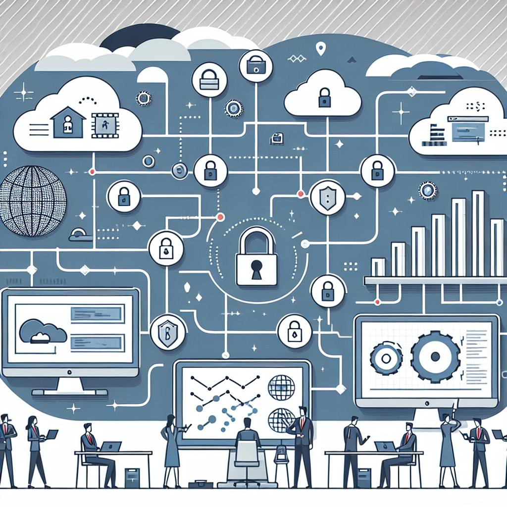Create a 2D image composed in a linear style with a flat, corporate appeal. This illustration should convey the concept of a secure data collaboration using Databricks Clean Rooms, as adopted by various companies. The background of the image should be white and textureless. The scenario should contain multiple interconnected screens showing safe data transfer. Employ data clouds as metaphors for cloud infrastructure. Include a computer screen indicating data analysis. Place lock icons in the image that symbolize security and privacy. Graphs should also be incorporated illustrating analytical results and collaboration. Render this composition in a vector format for a clean, modern look.