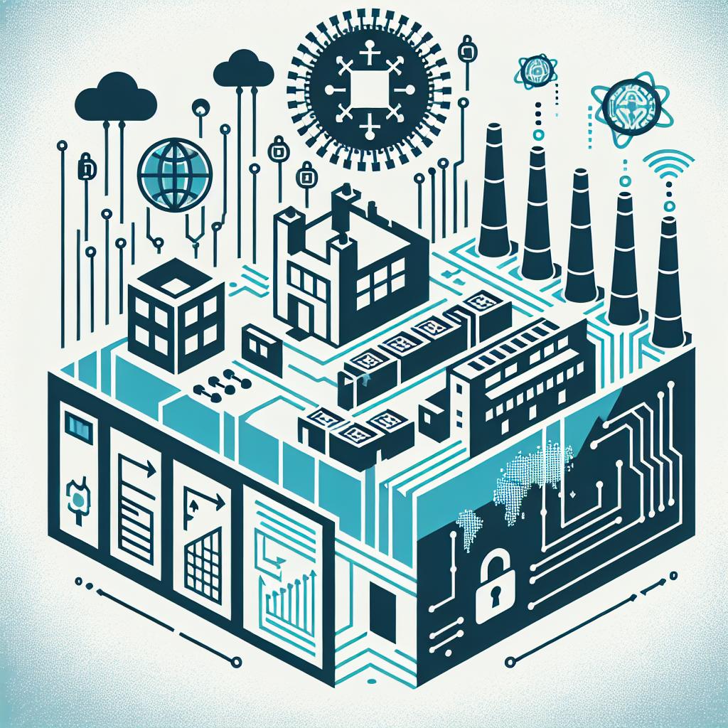 Create a 2D, linear perspective image with a flat, corporate style. The concept is the growth of the Taiwan Semiconductor Manufacturing Co., the global leader in advanced chips for artificial intelligence applications. Visualize this through a mix of symbolic elements. These include AI chips, representing the company's state-of-the-art technology; and factories, symbolizing expansion and production. Also integrate a world map into the design to signify the TSMC's global presence. Icons such as locks and barriers should be included to symbolize the technological restraints and political uncertainties that the company faces. The background should be simple; just plain and textured white.