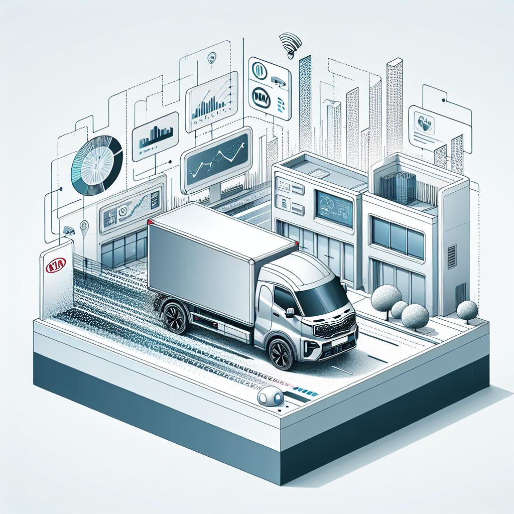 Imagine a 2D, linear perspective, vector-styled illustration. The scene takes place in a modern urban setting on a white, textureless background. A Kia vehicle, which represents innovation in commercial transportation, is positioned in the center. This vehicle should look innovative and hint at its commercial use. The urban setting is clean and contemporary, highlighting the practical and modern use of the vehicles. Various technological elements, such as screen panels displaying advanced graphs and data, symbolize the integration of data and Artificial Intelligence. This composition communicates a transformation in fleet management through advanced technology.
