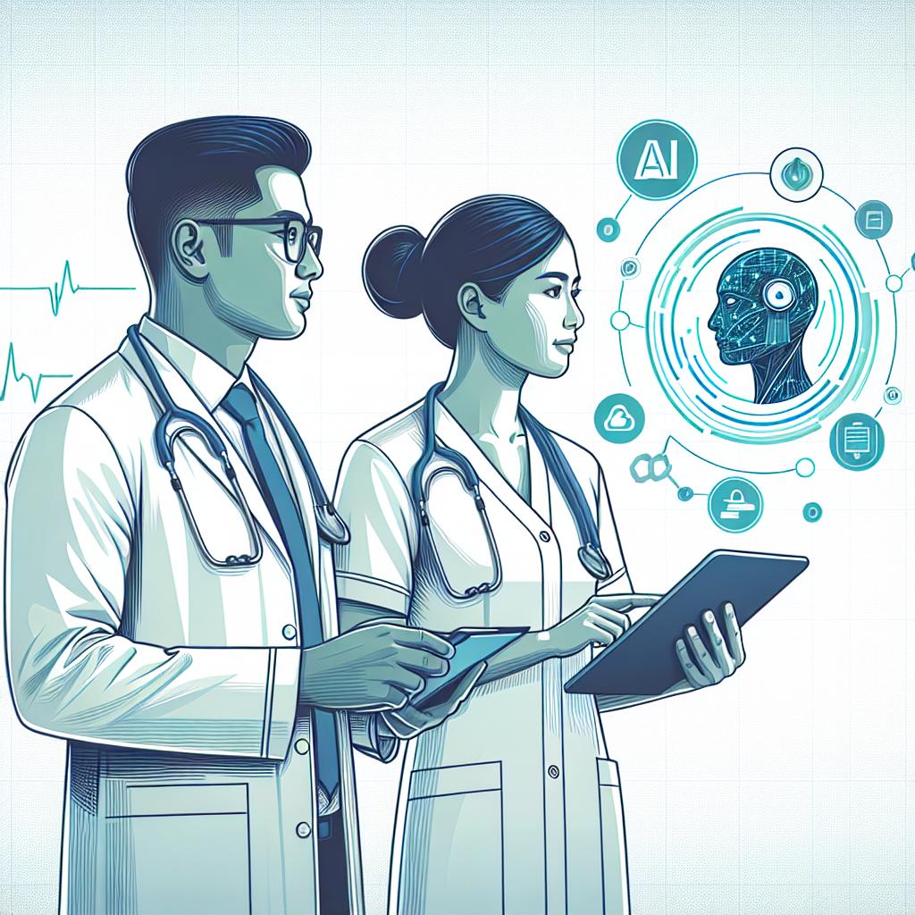Create a 2D, linear perspective, vector-style corporate illustration on a plain white background. The image should feature health professionals, including a South Asian male doctor and a Hispanic female nurse, symbolizing the practical application of AI in healthcare. They are collaborating with an AI interface that signifies technological integration into the care process. Use shades of blues and greens in the image to convey the notion of health and technology. The scene should reflect the idea of new regulation guidelines for artificial intelligence in healthcare and biomedicine to ensure safety and efficacy in this rapidly developing field.