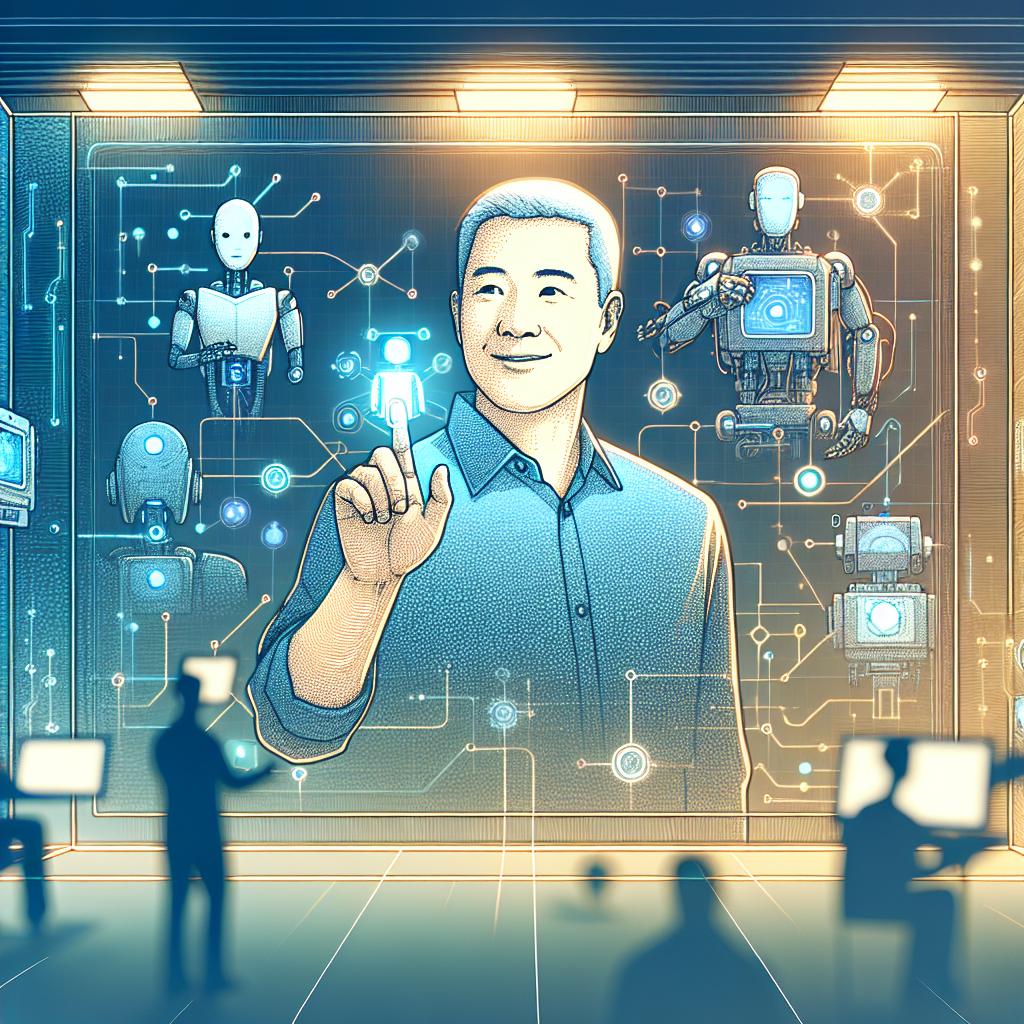 Imagine a 2D, vectorial and linear style image on a blank, untextured backdrop. The illustration shows a middle-aged Asian man, presumably a tech company executive, engaging in a futuristic tech environment. He is surrounded by screens displaying advanced AI graphics and robots, symbolizing the blending of humans and machines. Elements in the image, such as tech screens, robots and AI, represent the innovation and future of artificial intelligence, symbolising technology's convergence with everyday life. Futuristic colours like blues and greens permeate the image, invoking a sense of innovation and progress. Gentle lighting suffuses the scene to provide a warm, optimistic feeling about technology.