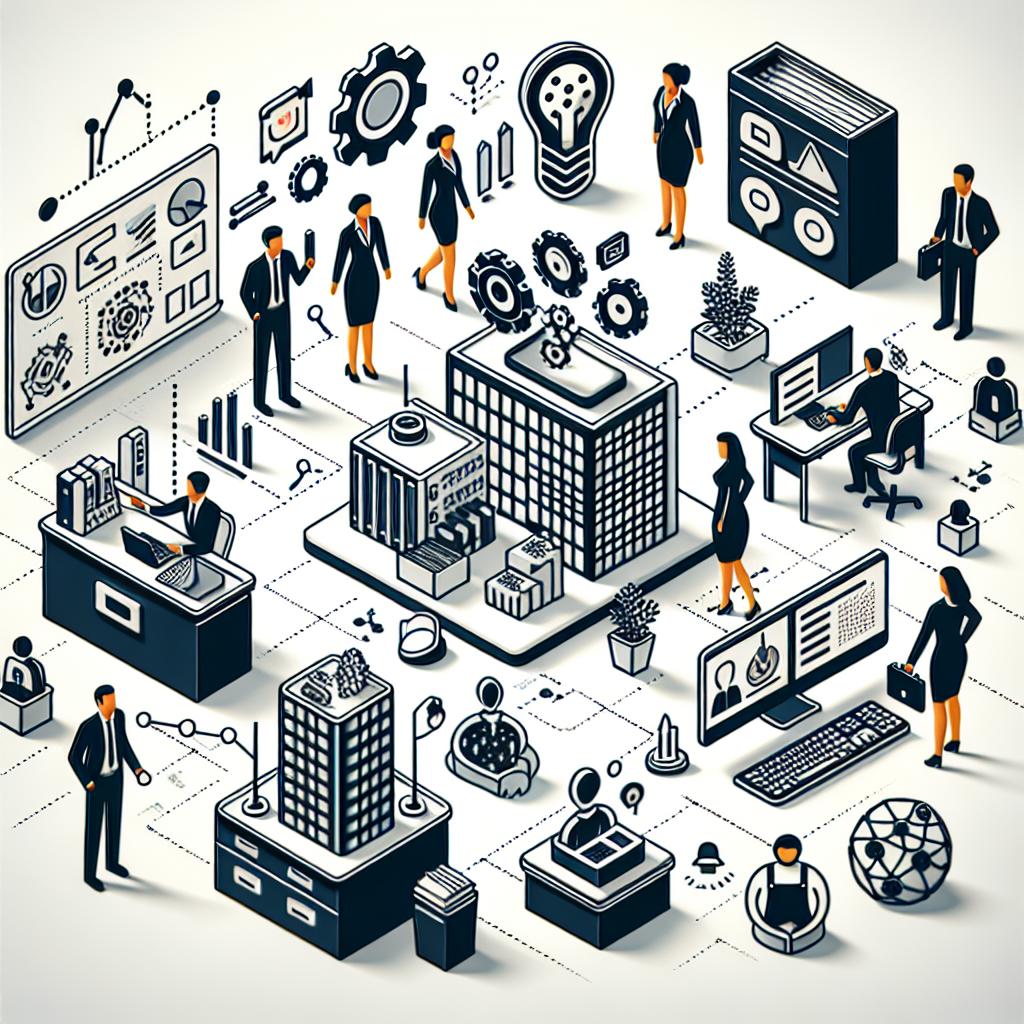 Create a 2D vector style, corporate-themed image on a textureless white background. This image should provide a visualization of the impact of artificial intelligence in the workplace: the interaction between humans and machines in daily tasks. Include a workplace scenario, perhaps an office, with workers using AI tools on their computers. Also include visual representations of the use of AI in various professions, such as women and men of differing descents (Caucasian, Hispanic, Middle-Eastern, etc). Additionally, incorporate productivity icons symbolizing efficiency and work improvement.