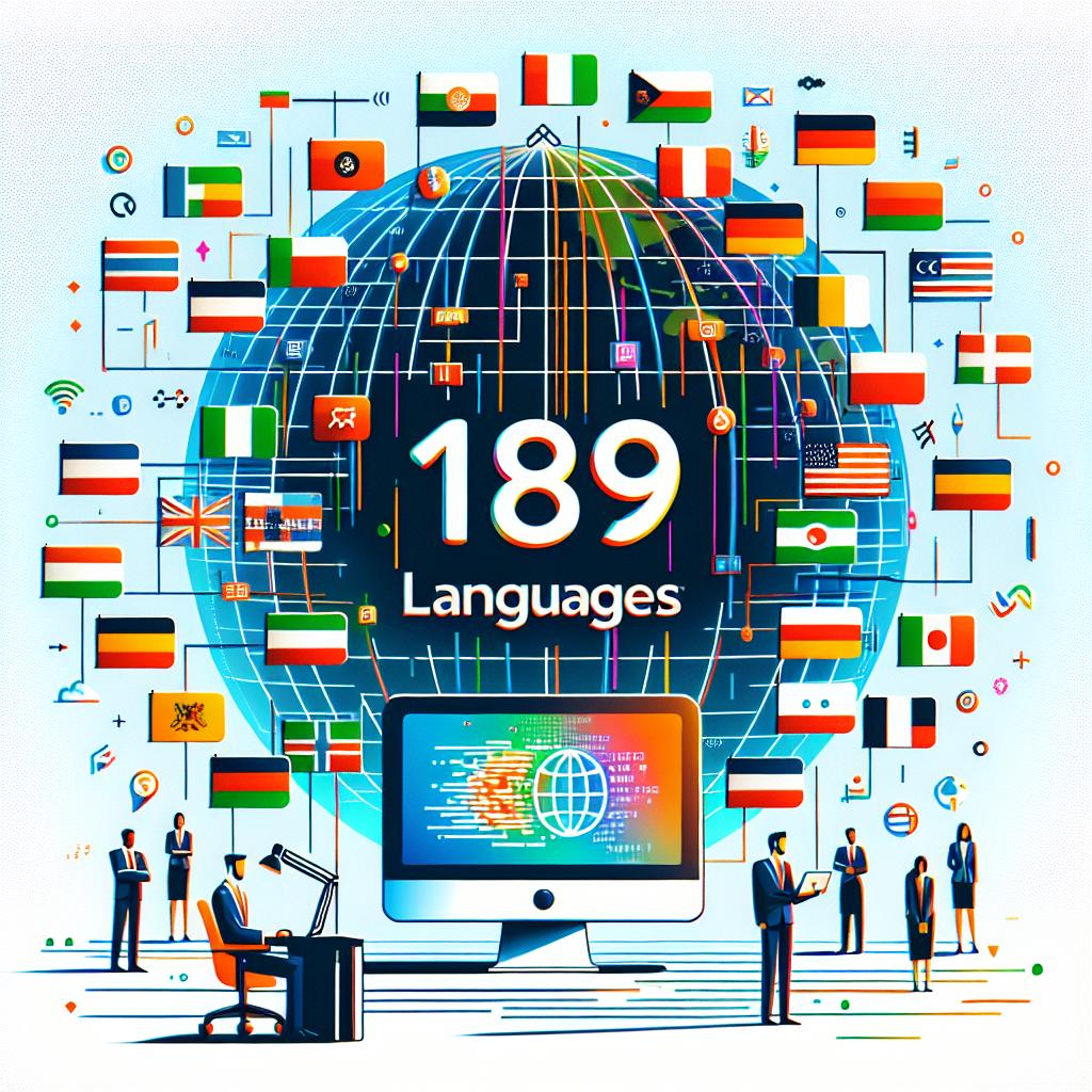 An image celebrating the international expansion of a major translation service, now able to translate 189 languages, helping to link businesses globally. The image adopts a flat, corporate, vectorial style, and is viewed from a 2D, linear perspective. Central to the scene is a computer screen symbolizing the application of digital technology. The white, textureless background is dotted with flags of various countries representing diverse languages, and digital communication icons that symbolize the tool's function. Vibrant colors are used to draw attention and symbolize innovation, and the text '189 Languages' stands out to highlight the service's newest capability.
