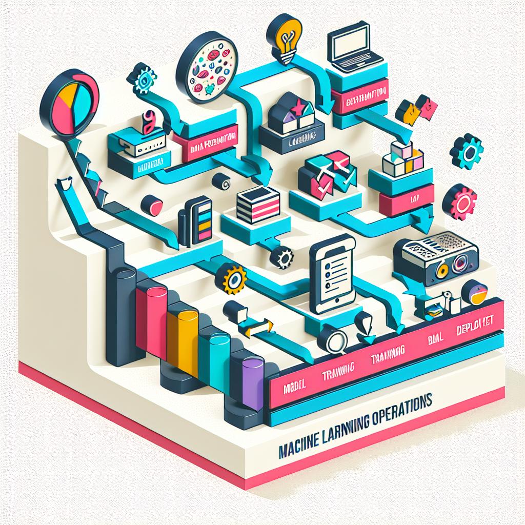 A flat, vector-style, and corporate depiction of a workflow chart, which represents the Machine Learning Operations (MLOps) platform introduced by an international cosmetics company leader. This 2D, linear perspective image has a white, texture-less background and portrays stages of data preparation, model training, and deployment. The design should be modern and vibrant, symbolising innovation and technology in the beauty industry. There are colorful elements to represent the diversity of beauty and the spirit of innovation. The use of arrows and workflow components reflect efficiency and operational agility while beauty icons emphasize the company's focus on the beauty sector.