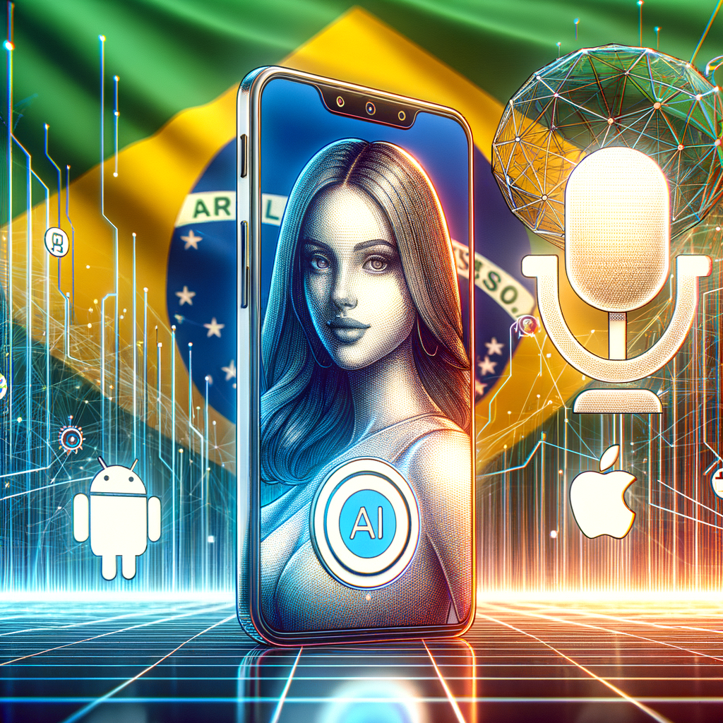 Imagine a flat, corporate, 2D, vectorial representation with a linear perspective. The image features a smartphone in the foreground, symbolizing mobile access to an AI assistant known as 'Claude'. Its screen visibly displays the AI assistant's logo, which is primarily centralized. Accompanying this smartphone are both Android and iOS icons, denoting availability across these mobile platforms. A Brazilian flag serves as the backdrop, signifying the AI assistant's accessibility within that country. Augmenting the futuristic scene is an abstract depiction of a South Asian woman developer, denoting API integration offering.