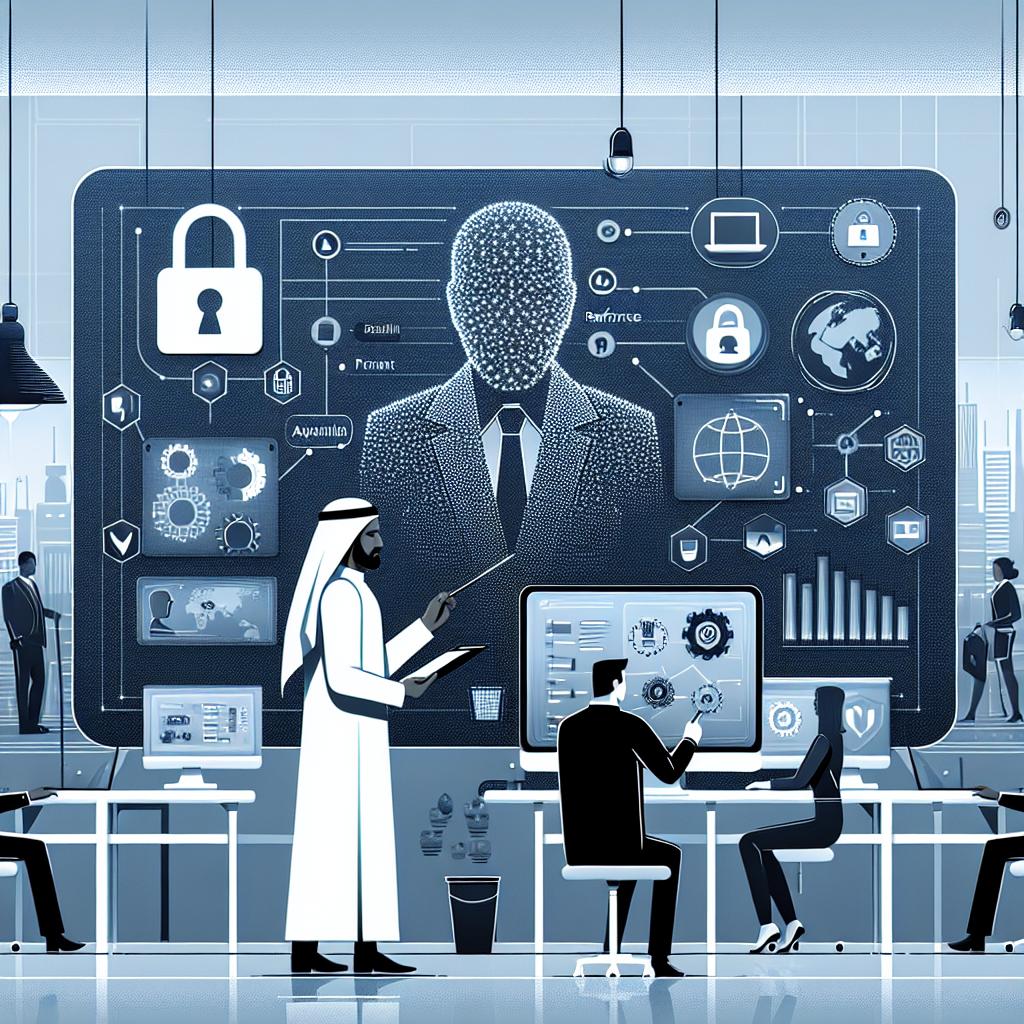 Create an image in a 2D, linear perspective with a white, texture-less background followed by a visual composition depicting a Middle-Eastern cyber security professional analyzing an AI model in a modern office environment. A cool-toned flat, vector, corporate style is preferred with symbols representing technology; computers and devices scattered in the space. Performance and cost comparison graphs should be embedded in the background screen, offering an atmosphere of innovation and vigilance. Additionally, include people of various descents like Black, Caucasian, and Hispanic working collaboratively in the backdrop. Lastly, sprinkle the image with security icons such as padlocks and shields to symbolize data protection.
