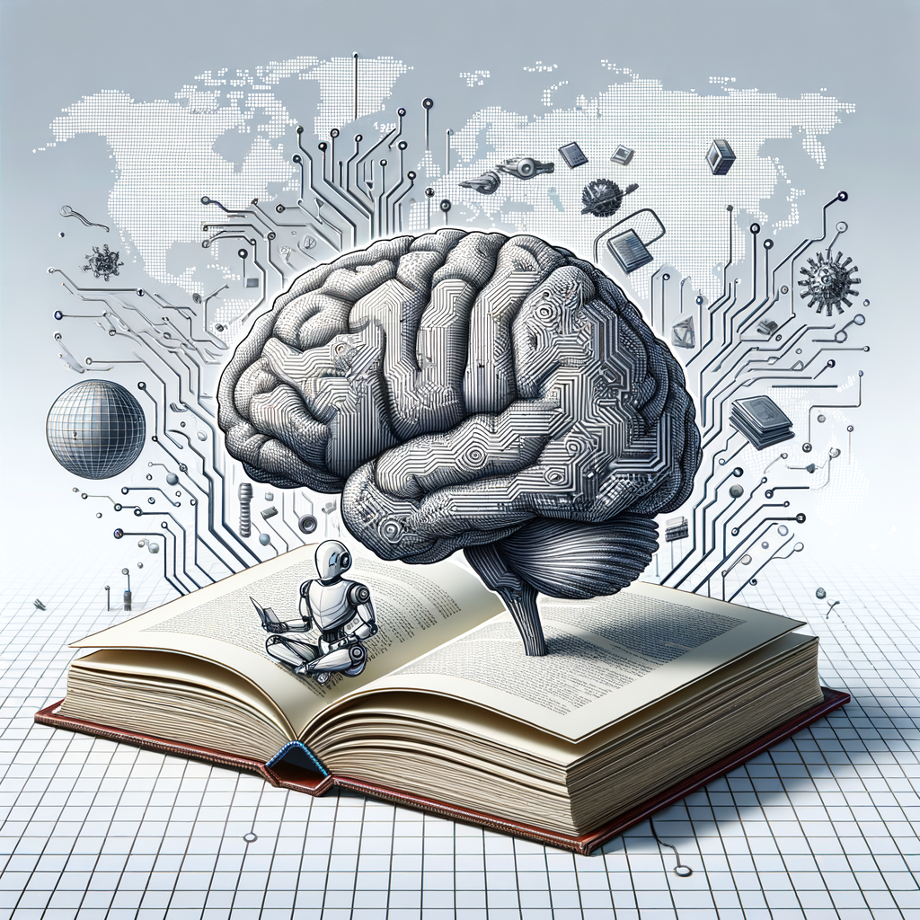 Imagine a meticulously designed image in a 2D, linear perspective, incorporating a corporate and flat vector style. The main focus is an open book symbolizing the vast literature on Artificial Intelligence (AI). Superimposed on the pages of the book is a human brain, signifying intelligence and cognition, entangled with electronic circuits, suggesting the interplay of technology and AI. A global map forms the backdrop, symbolizing AI's worldwide influence. Last but not least, at the corner of this ensemble, a robot stands as a symbol of automation and the technological future. The entire composition is set against a clean, textureless white background.