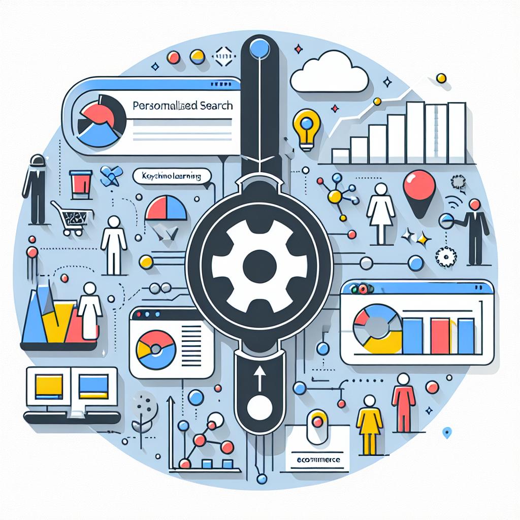 Create a 2D, linear perspective image in a vectorized, flat, corporate style. The image's background should be white and textureless. It should graphically represent personalized search technology, showing how keyword and vector-based searches interrelate in an ecommerce interface. Include various elements: a machine learning icon indicating ML's presence in the system, data charts symbolizing real-time data analysis, a cloud to denote Google's cloud infrastructure, and diverse products representing ecommerce offerings.