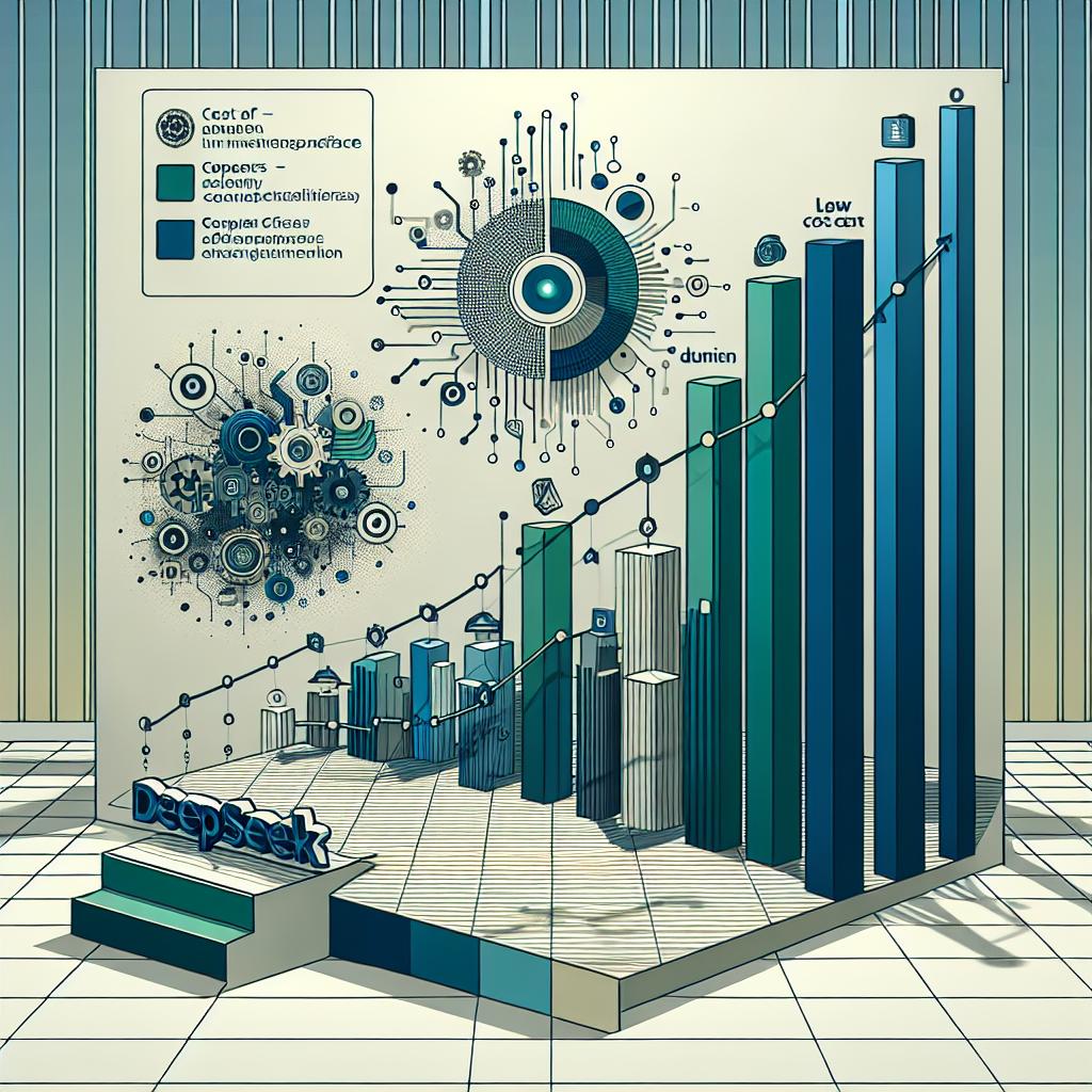 Imagine a vector-style, flat, and corporate-themed image against a bland, white and textureless background, viewed from a two-dimensional, linear perspective. The core element of this scene is a comparative graph illustrating the cost-efficiency of DeepSeek's newly unveiled low-cost artificial intelligence tool against the solutions offered by major tech companies like the generic big tech companies. The logos of these tech companies are prominently featured. The overall color scheme revolves around shades of blue and green, symbolizing innovation and technology, all set against a light background that serves to emphasize the graph.