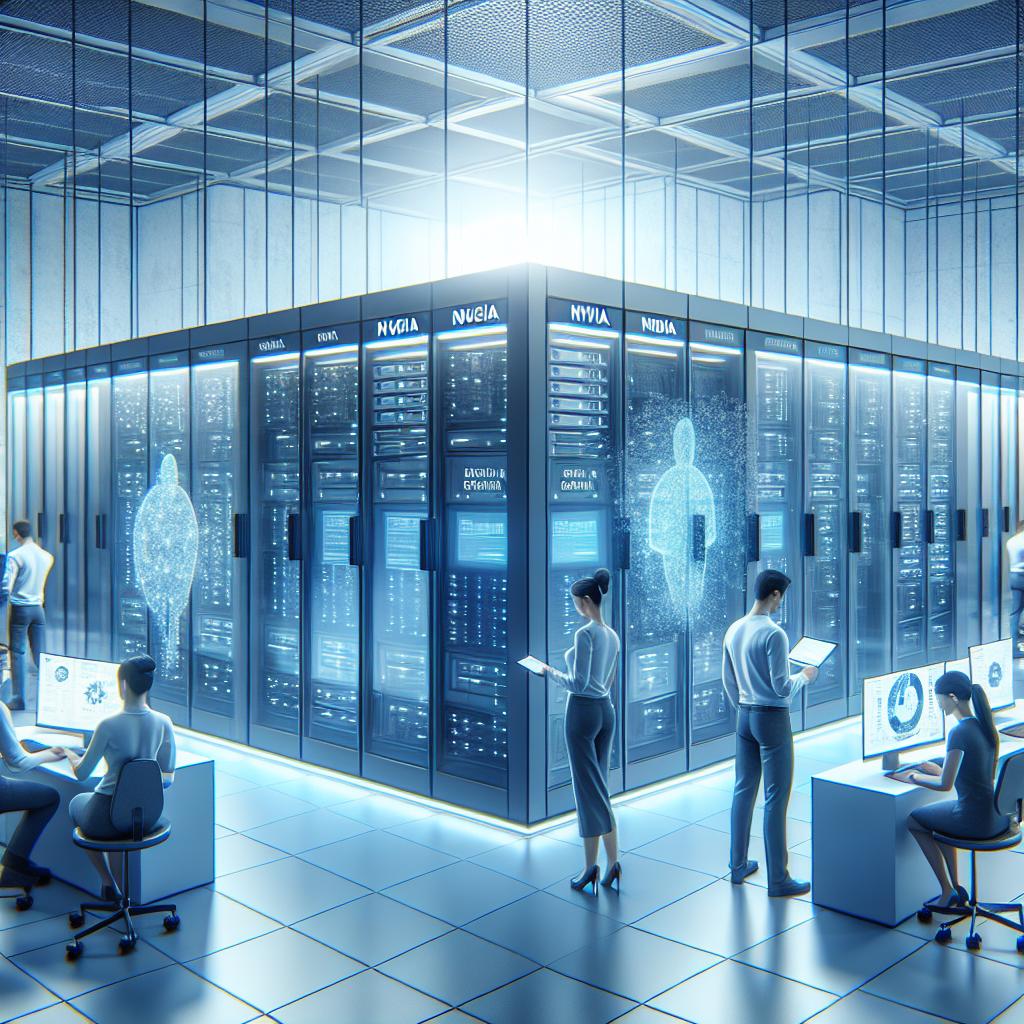Visualize a cutting-edge data center exhibiting a blend of technology and security. Amidst the backdrop of pristine, texture-free white, imagine a 2D, flat, and corporate-styled scenario. It features the advanced infrastructure of modern servers symbolized by NVIDIA enabled machines. Additionally, the scene shows operators - a Caucasian lady and a South Asian gentleman - using search interfaces on digital devices. Graphical data representations are visible on their screens, denoting the process of data analysis and information retrieval. Subtle illumination in blue hints at the advanced technology and innovation at play.