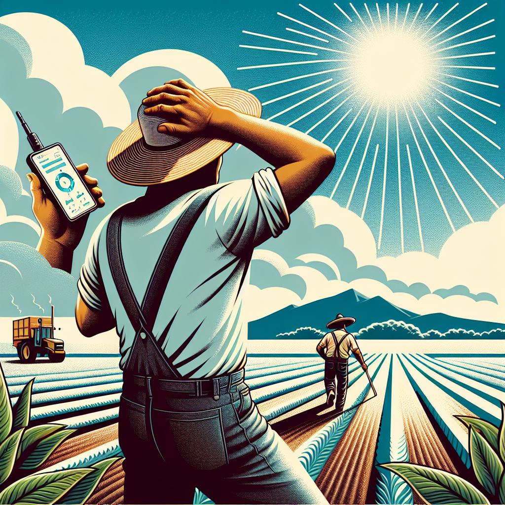 Create a vector-based, corporate style 2D flat image on a white, textureless background. The image should illustrate a Hispanic male farmer working under the intense glow of the sun, monitoring his health with an innovative sensor device. The depiction of the worker should highlight the fact that they would benefit from using this technology. In the background on the horizon lay vast agricultural fields under a clear blue sky, symbolizing the strenuous work and the climatic challenges faced by the working class. Additional elements should include the sensor, which represents the device used to monitor the vitals of the workers, the agricultural field, and the radiant sun. The imagery should stimulate conversation about the effects of adverse climate conditions on rural workers.